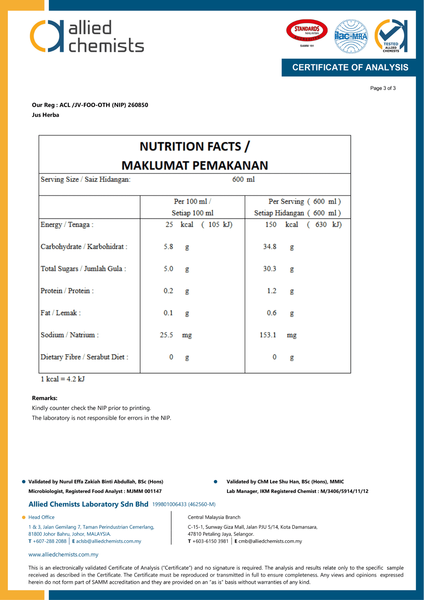 Sijil Lab Test Jus UAI Herbs - Nutrition Facts